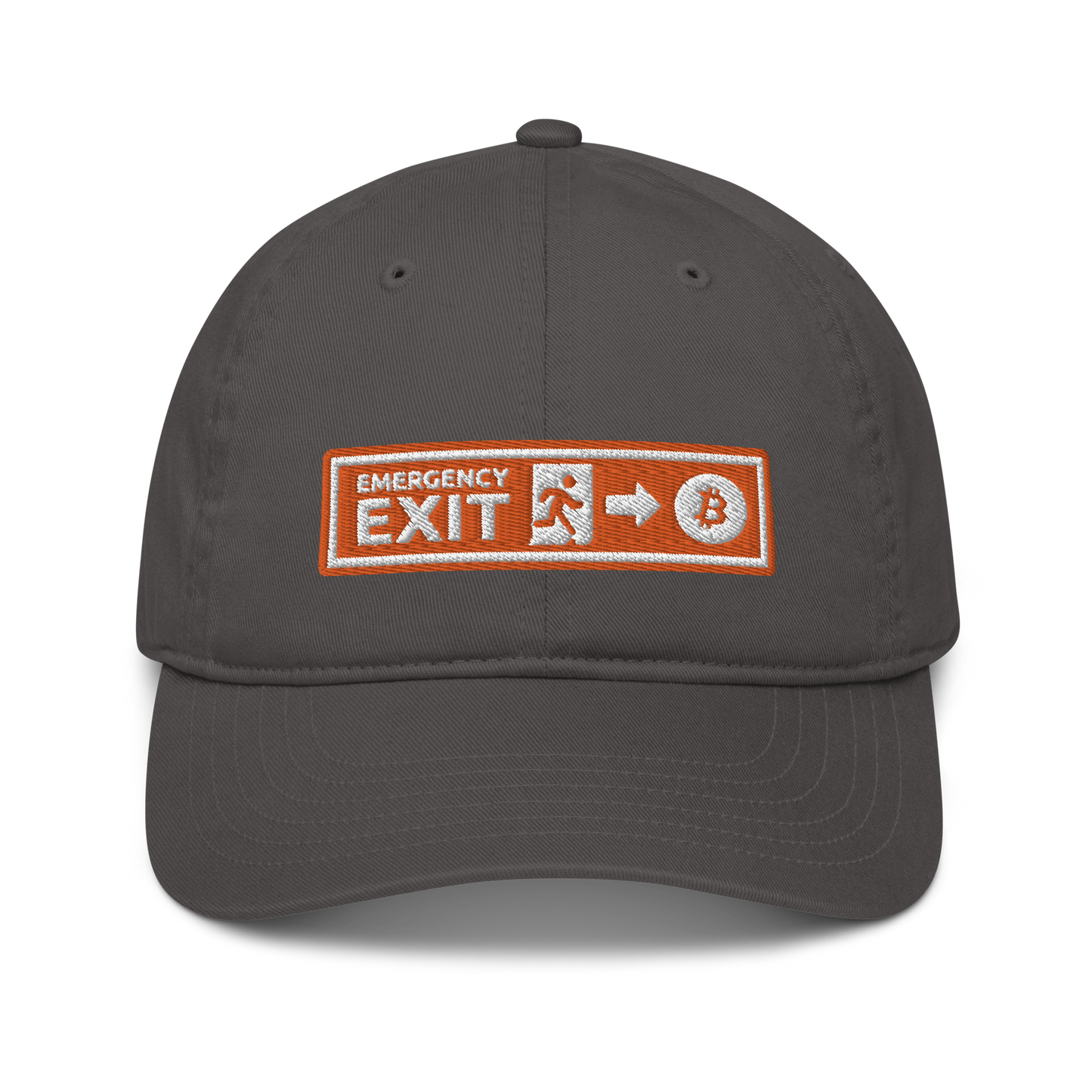 Front view of a charcoal grey bitcoin dad hat.