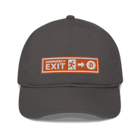 Front view of a charcoal grey bitcoin dad hat.