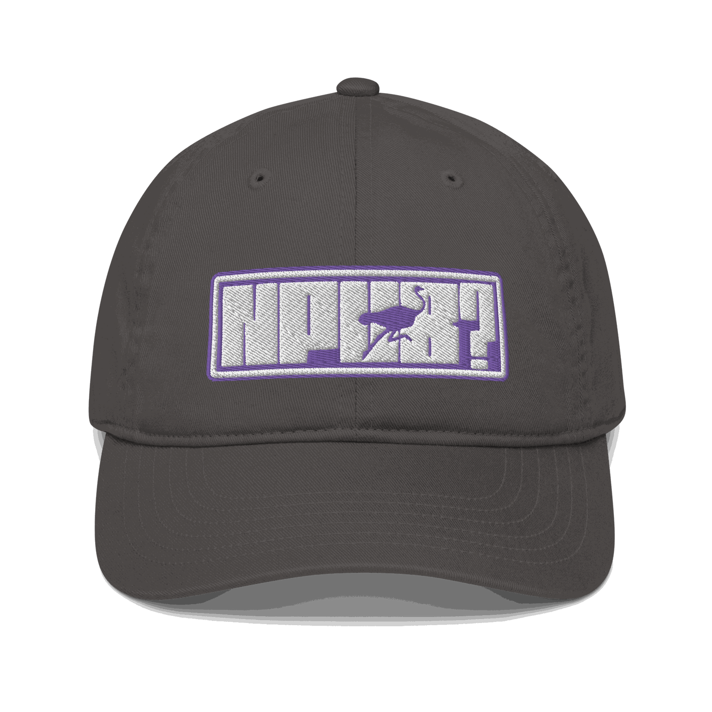 Front view of a charcoal grey nostr dad hat.