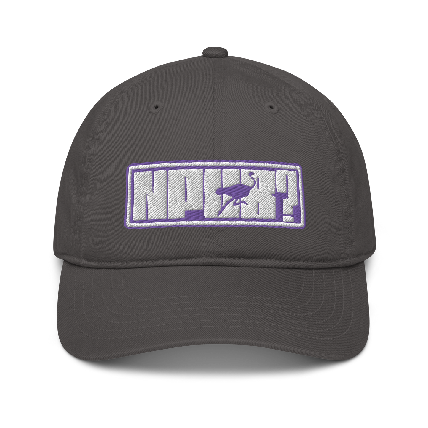 Front view of a charcoal grey nostr dad hat.