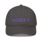 Front view of a charcoal grey nostr dad hat.