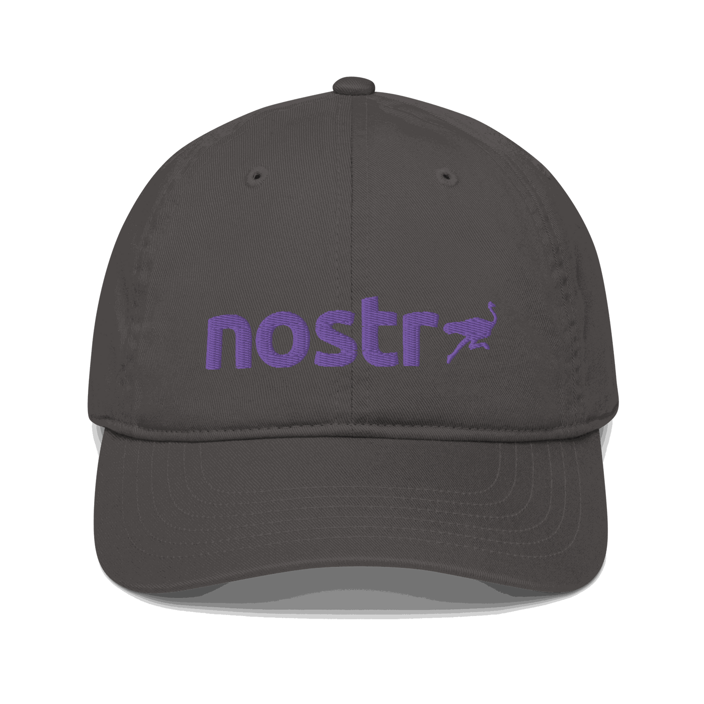 Front view of a charcoal grey nostr dad hat.