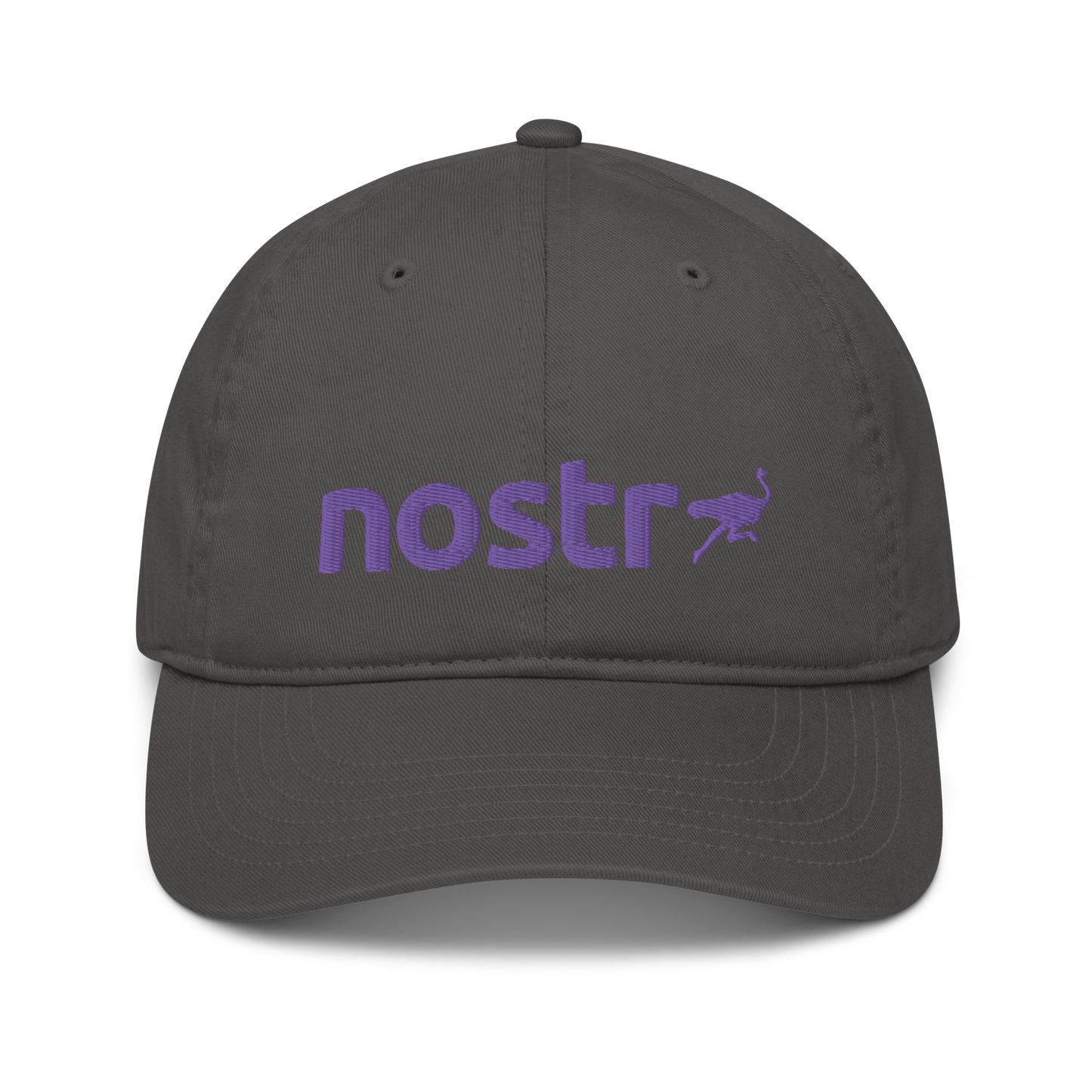 Front view of a charcoal grey nostr dad hat.