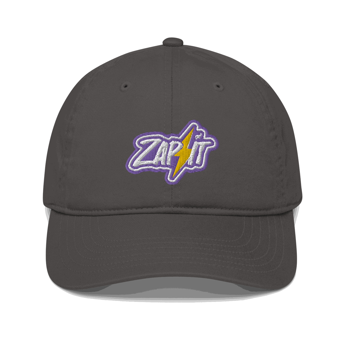 Front view of a charcoal grey nostr dad hat.