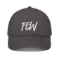 Front view of a charcoal grey bitcoin dad hat.