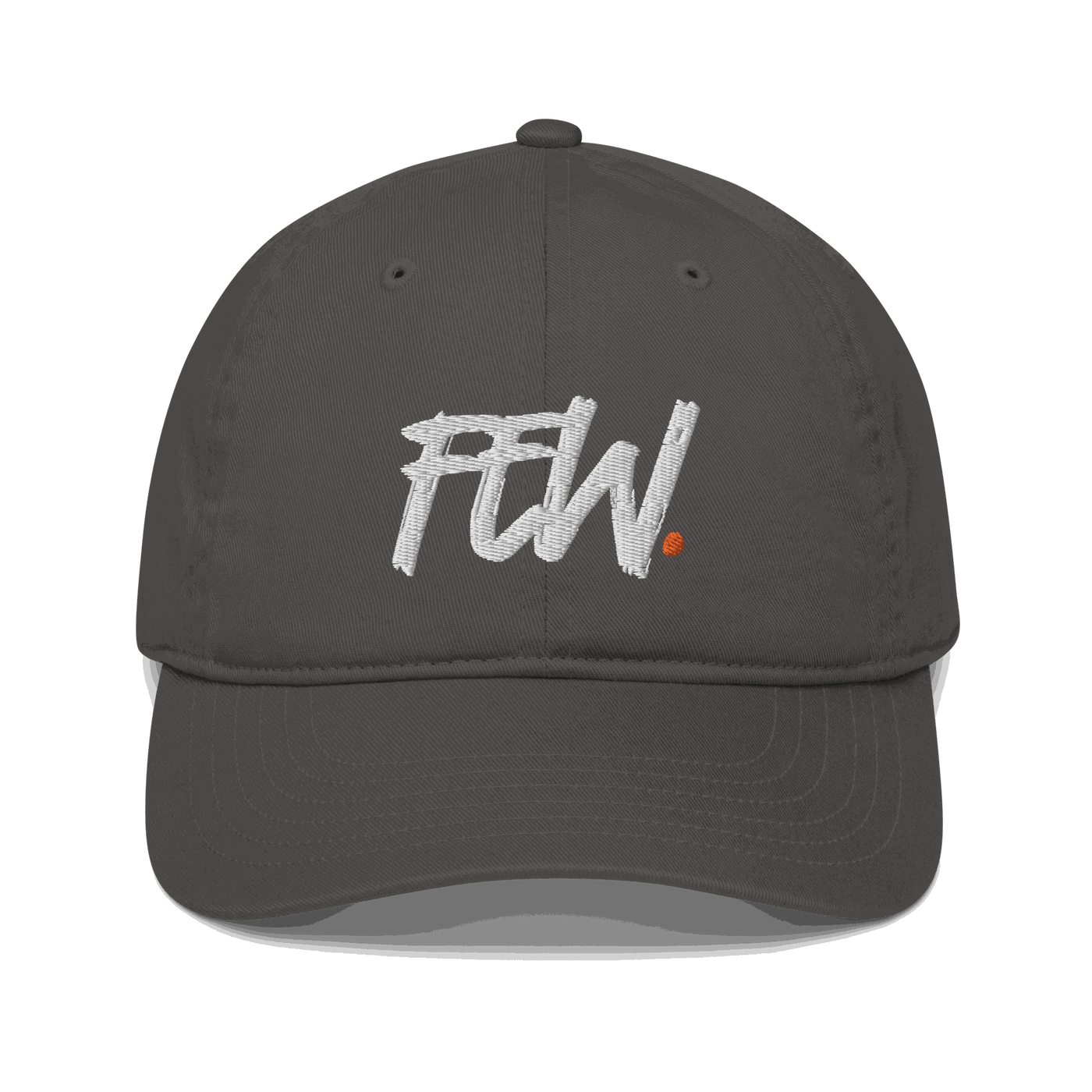 Front view of a charcoal grey bitcoin dad hat.