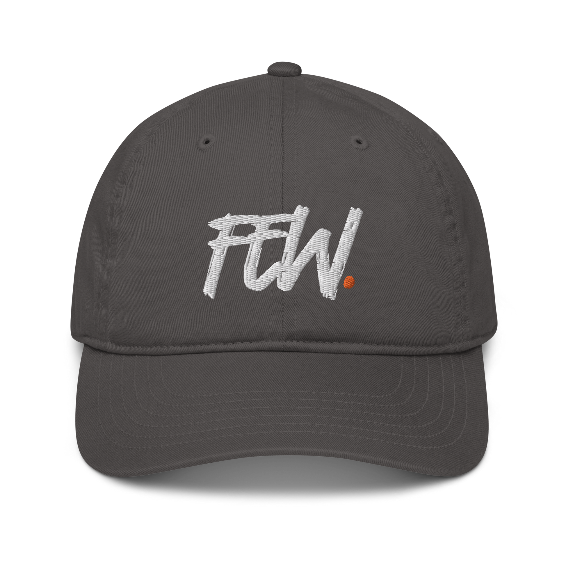 Front view of a charcoal grey bitcoin dad hat.