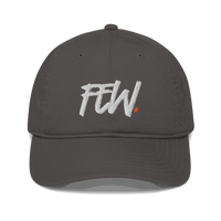 Front view of a charcoal grey bitcoin dad hat.