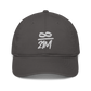 Front view of a charcoal grey bitcoin dad hat.