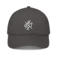 Front view of a charcoal grey bitcoin dad hat.