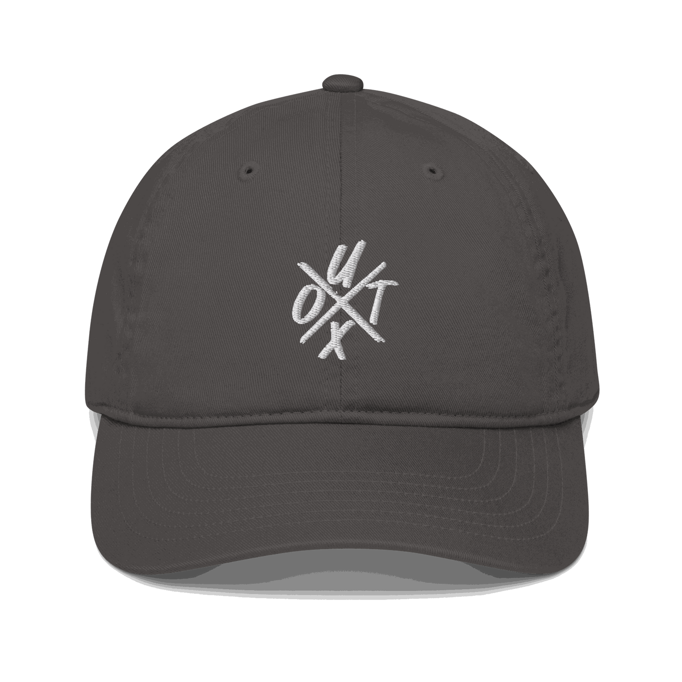 Front view of a charcoal grey bitcoin dad hat.
