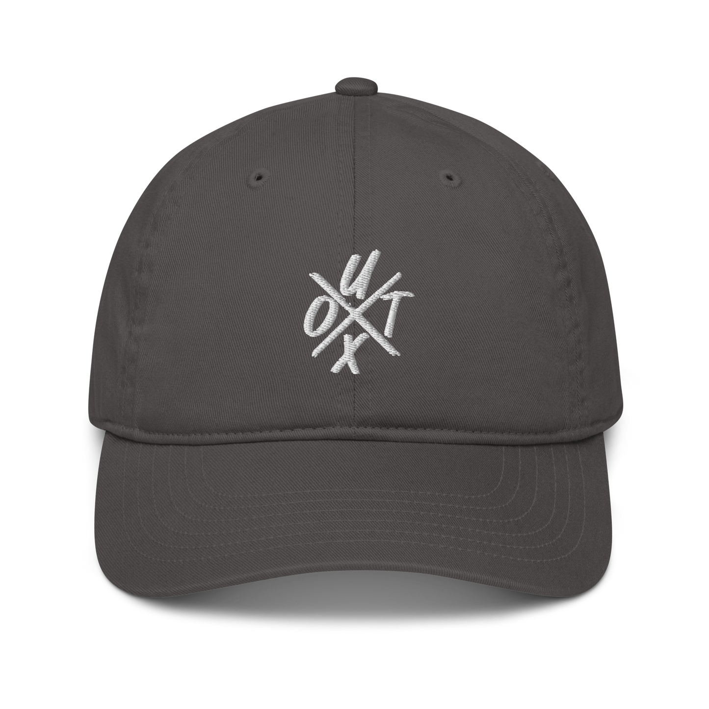 Front view of a charcoal grey bitcoin dad hat.