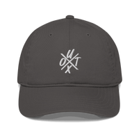 Front view of a charcoal grey bitcoin dad hat.