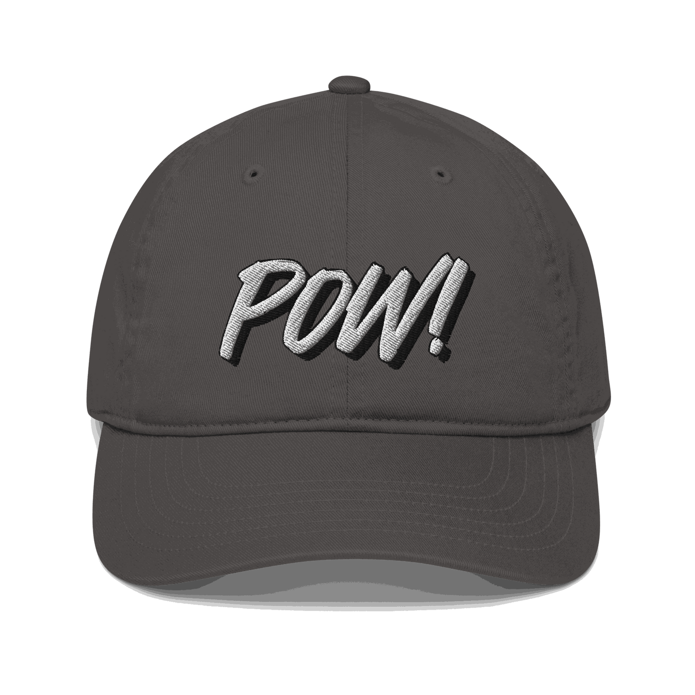 POW Front view of a charcoal grey bitcoin dad hat.