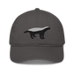 Front view of a charcoal grey bitcoin dad hat.