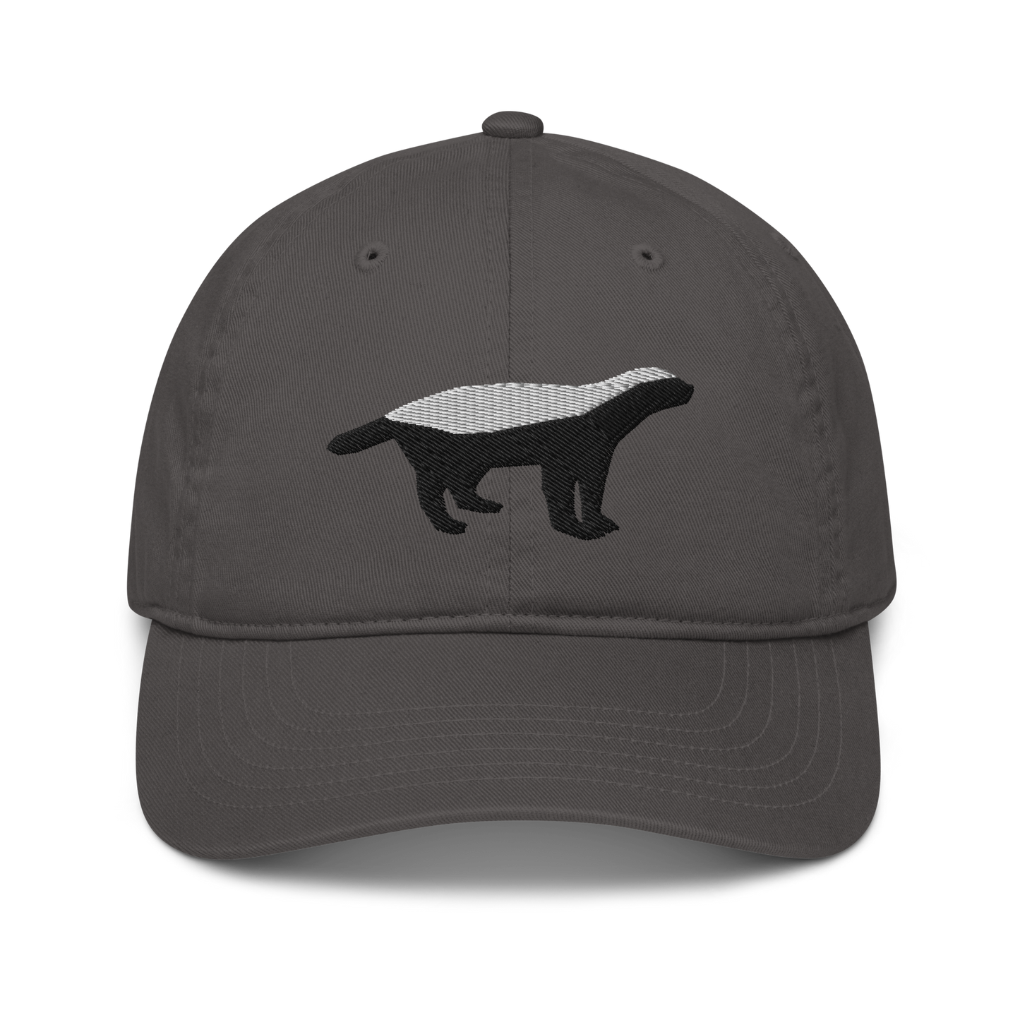 Front view of a charcoal grey bitcoin dad hat.