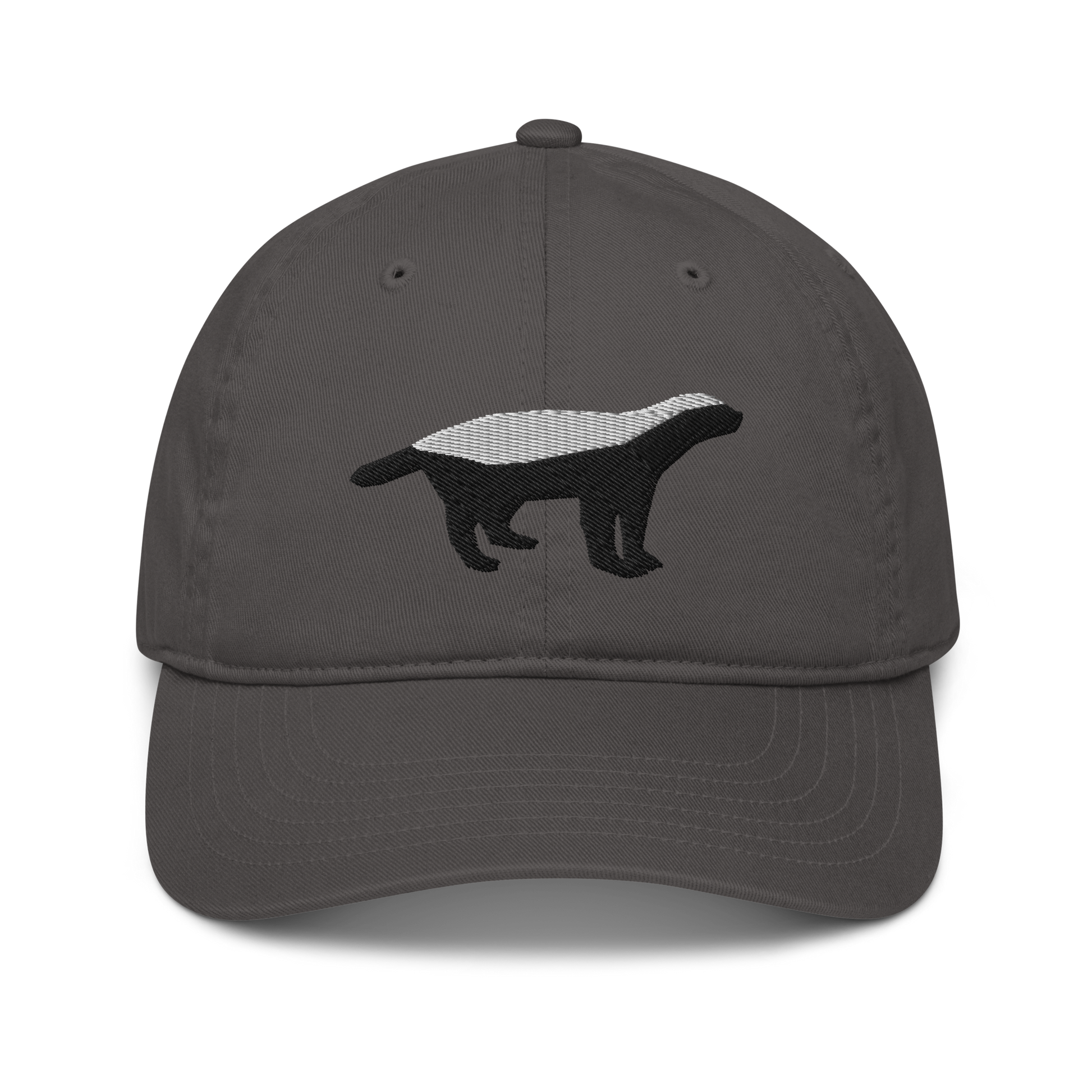 Front view of a charcoal grey bitcoin dad hat.