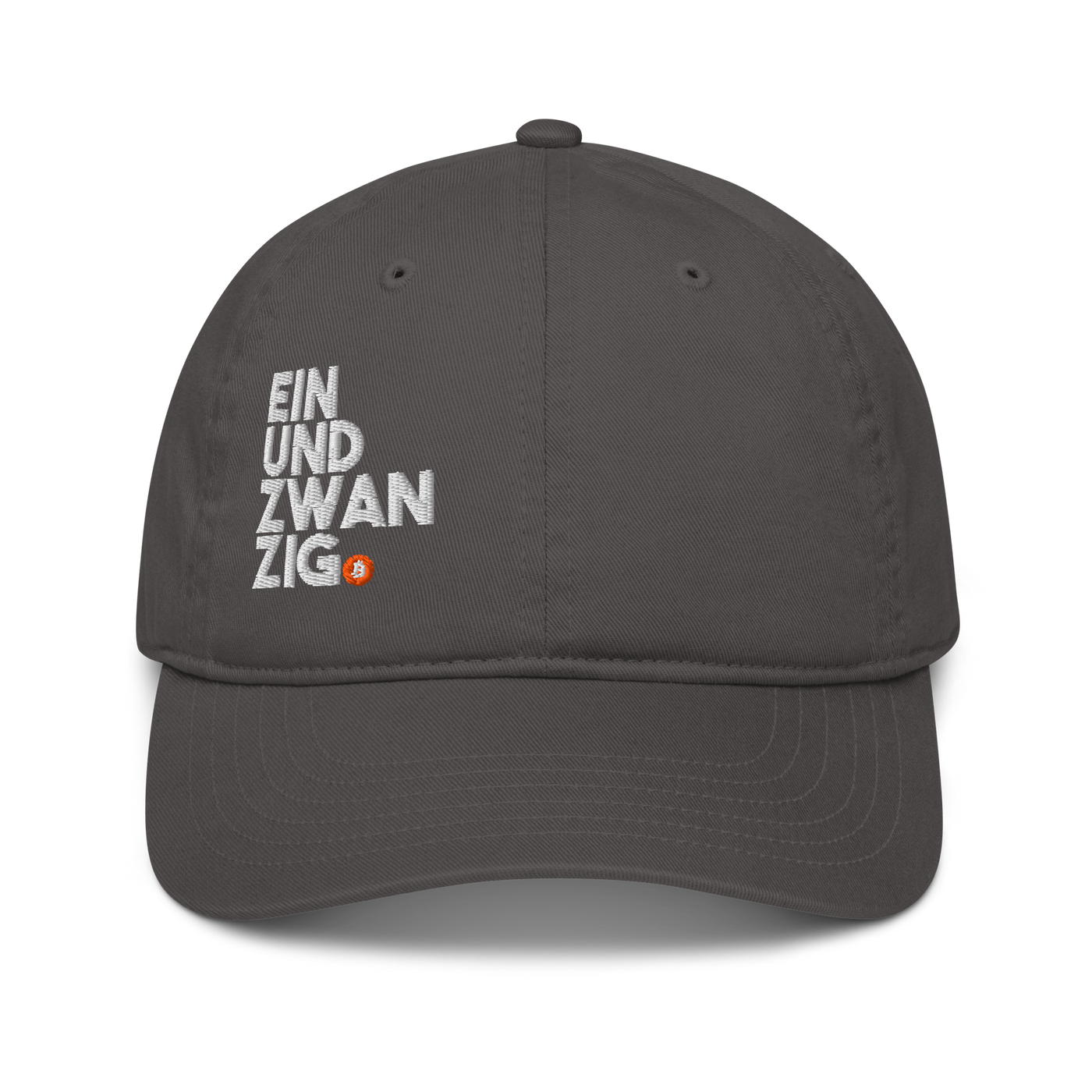 Einundzwanzig organic bitcoin dad hat in Charcoal, front view.