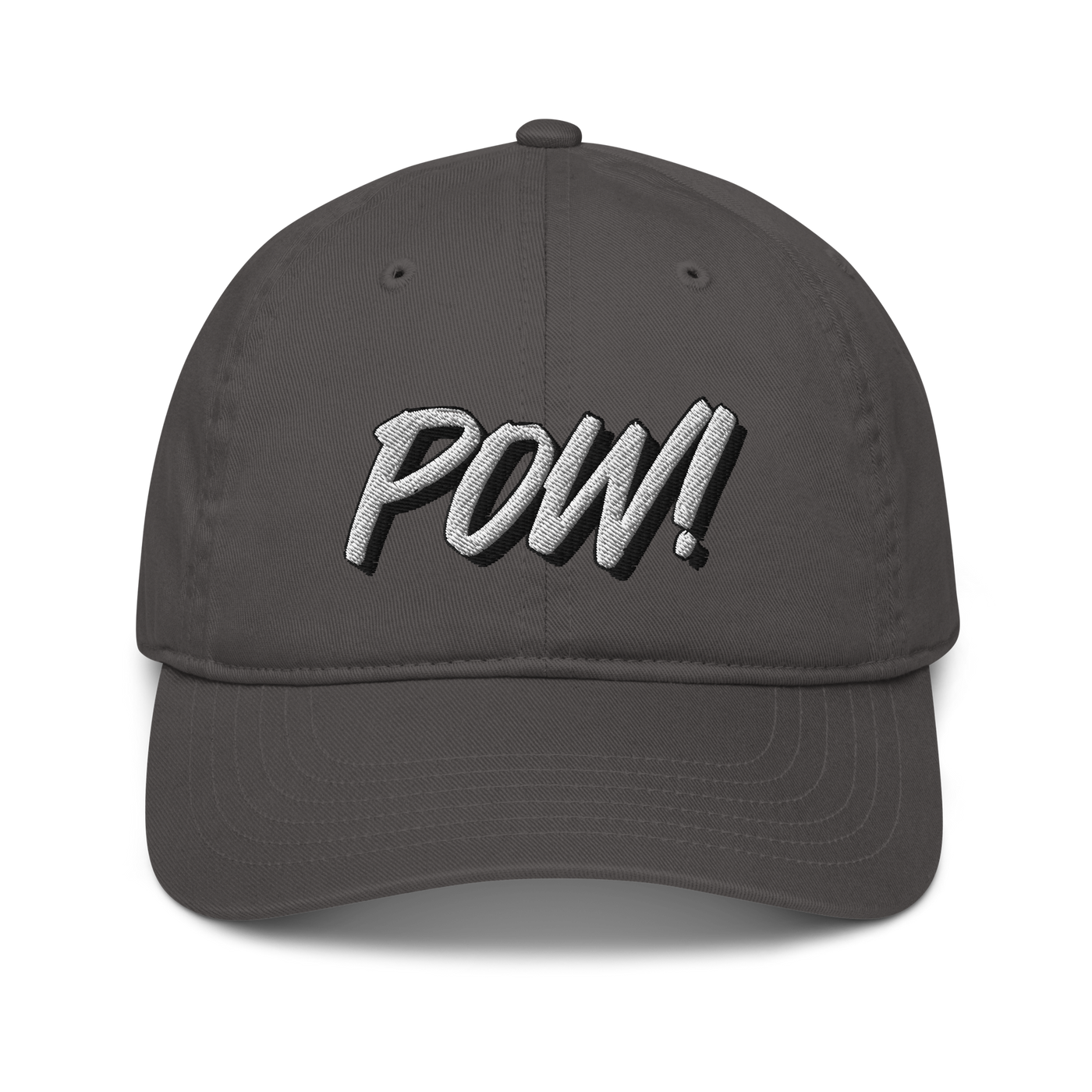 POW! organic bitcoin dad hat in Charcoal, front view.