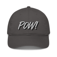 POW! organic bitcoin dad hat in Charcoal, front view.