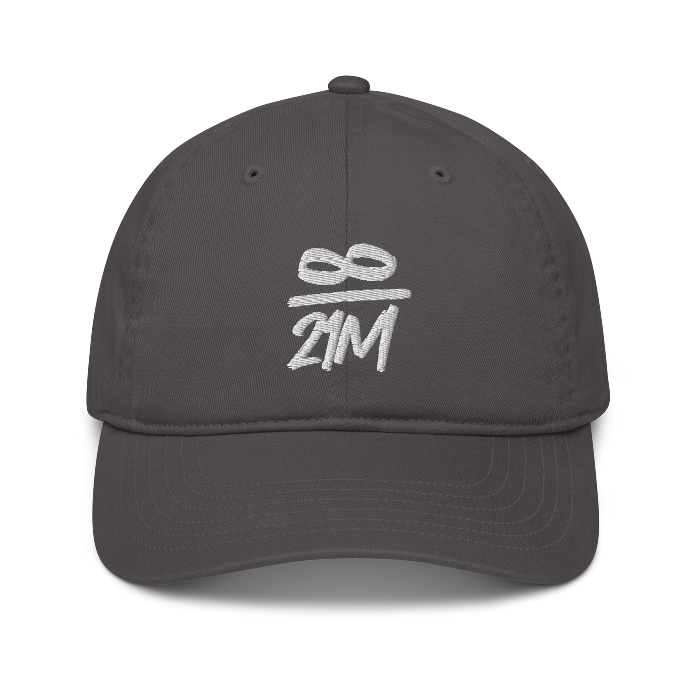 Infinity / 21M organic bitcoin dad hat in Charcoal, front view.