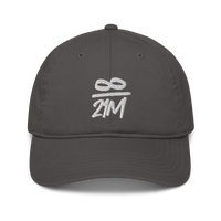 Infinity / 21M organic bitcoin dad hat in Charcoal, front view.
