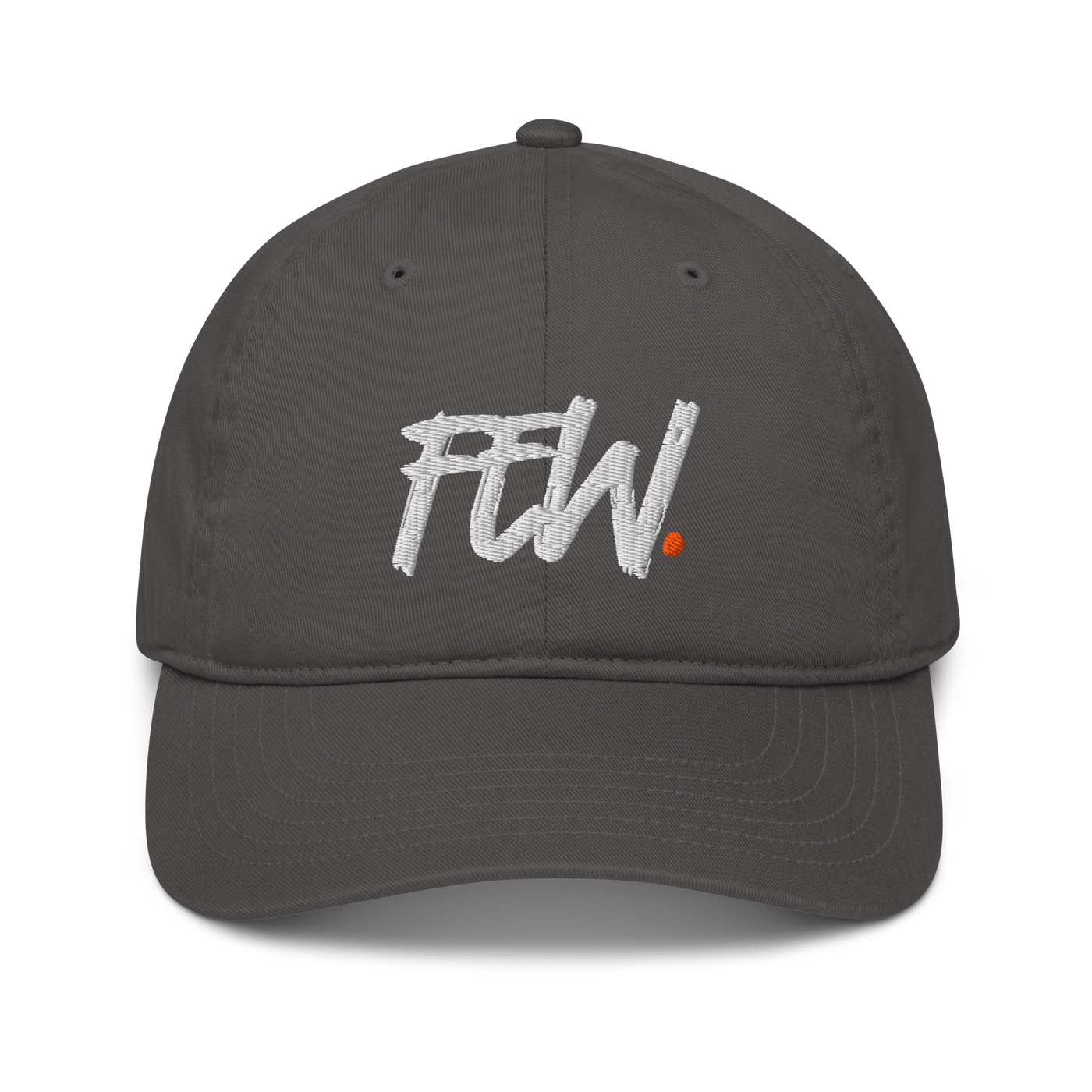 Few. organic bitcoin dad hat in Charcoal, front view.