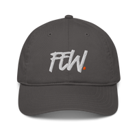 Few. organic bitcoin dad hat in Charcoal, front view.