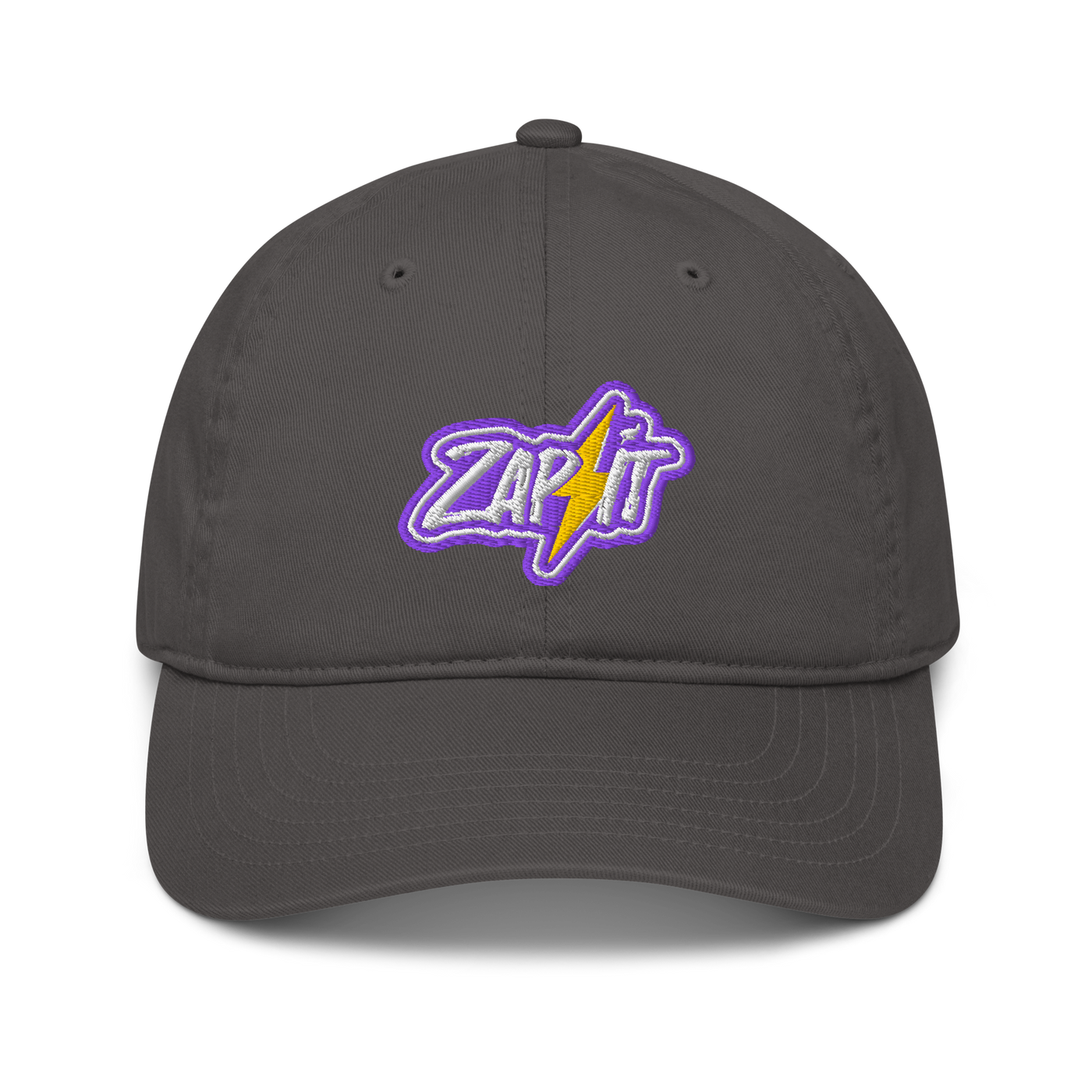 Zap It organic nostr dad hat in Charcoal, front view.