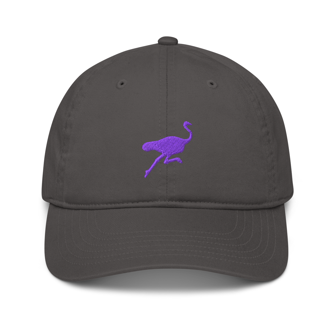 Nostrich organic bitcoin dad hat in Charcoal, front view.