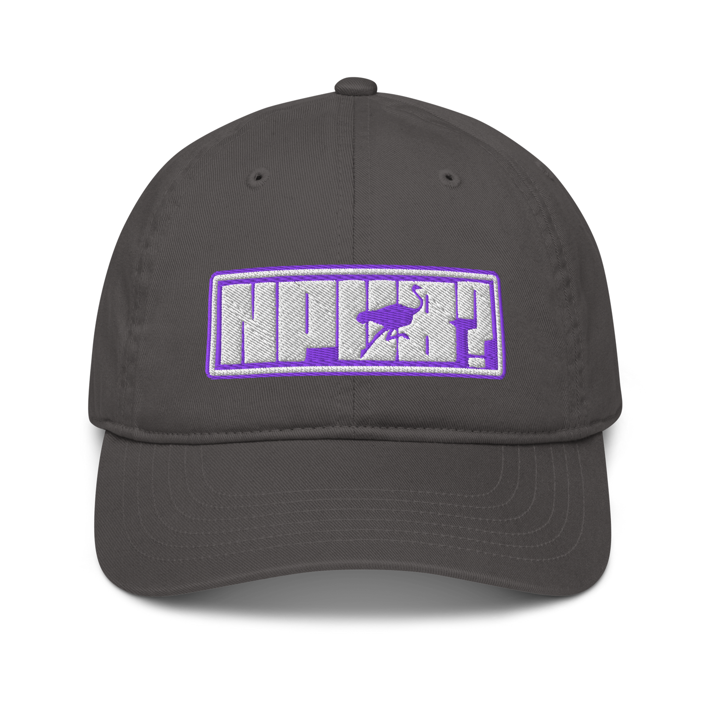 nPub? organic nostr dad hat in Charcoal, front view.