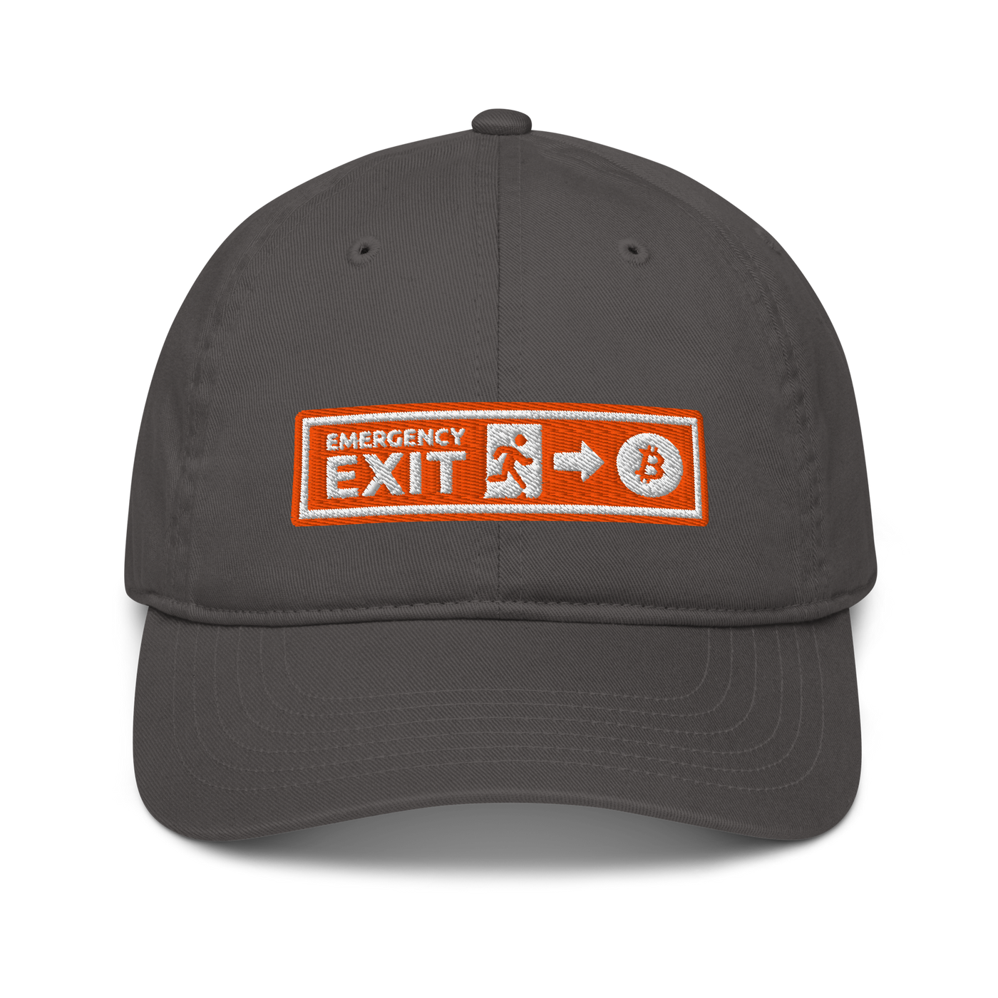 Emergency Exit organic bitcoin dad hat in Charcoal, front view.