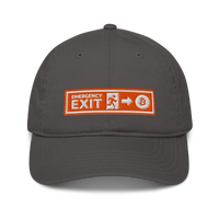 Emergency Exit organic bitcoin dad hat in Charcoal, front view.