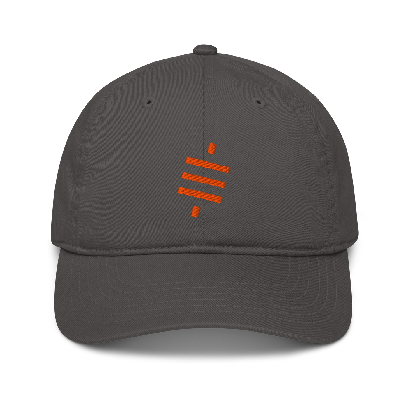 Sats Symbol organic bitcoin dad hat in Charcoal, front view.