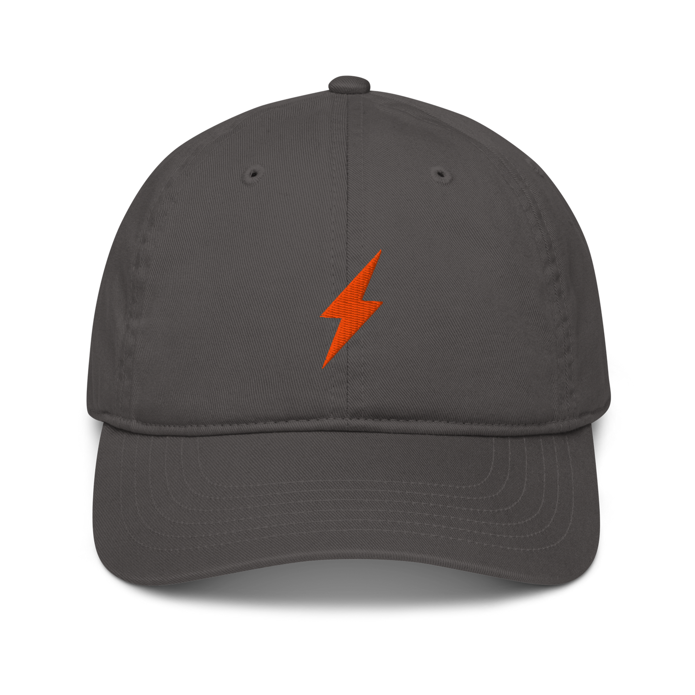 Lightning organic bitcoin dad hat in Charcoal, front view.