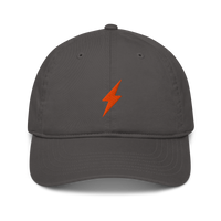 Lightning organic bitcoin dad hat in Charcoal, front view.