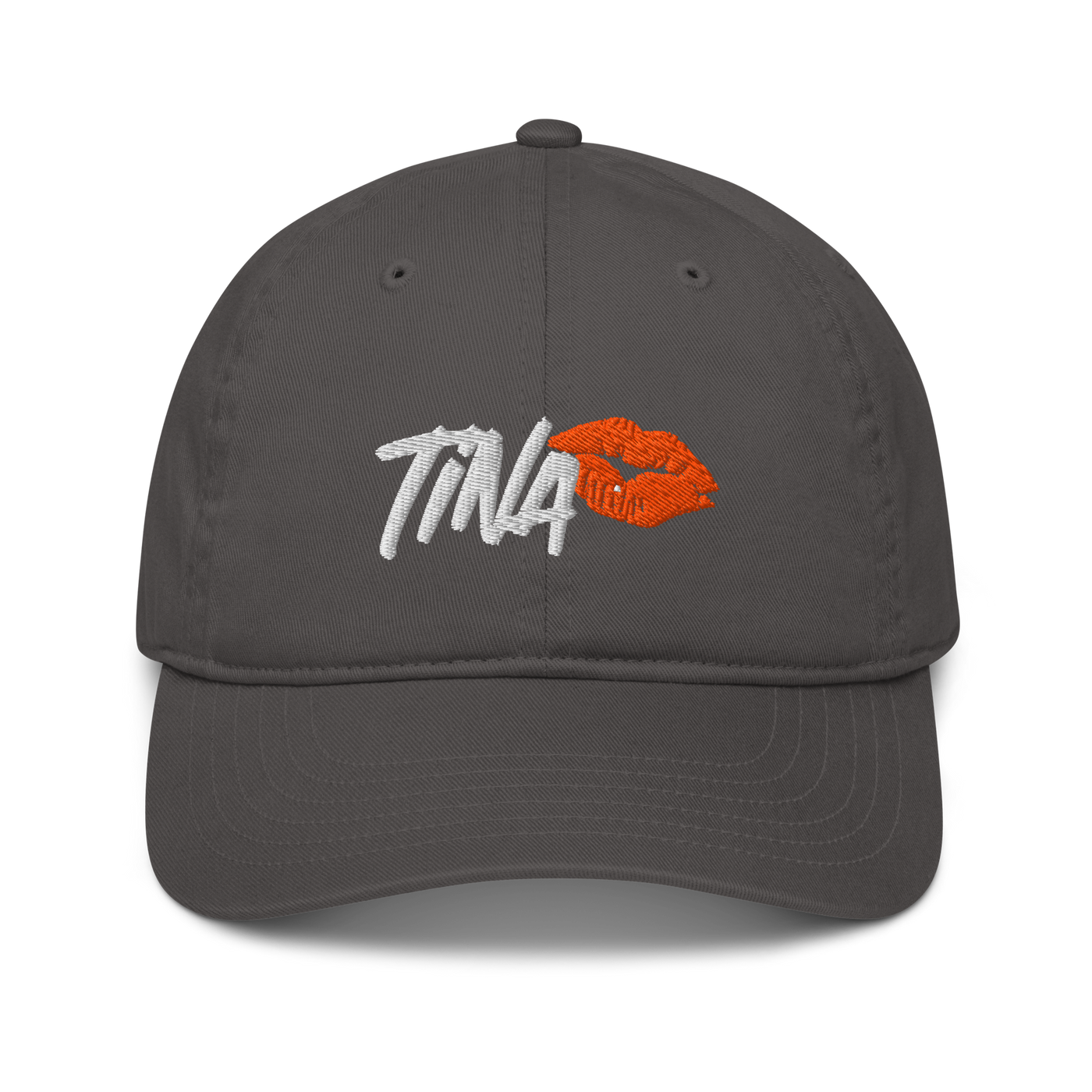 TINA organic bitcoin dad hat in Charcoal, front view.