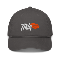 TINA organic bitcoin dad hat in Charcoal, front view.