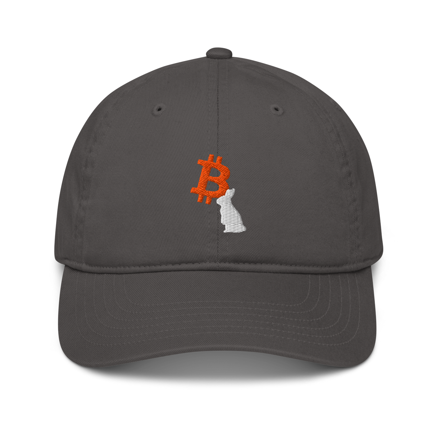 White Rabbit organic bitcoin dad hat in Charcoal, front view.