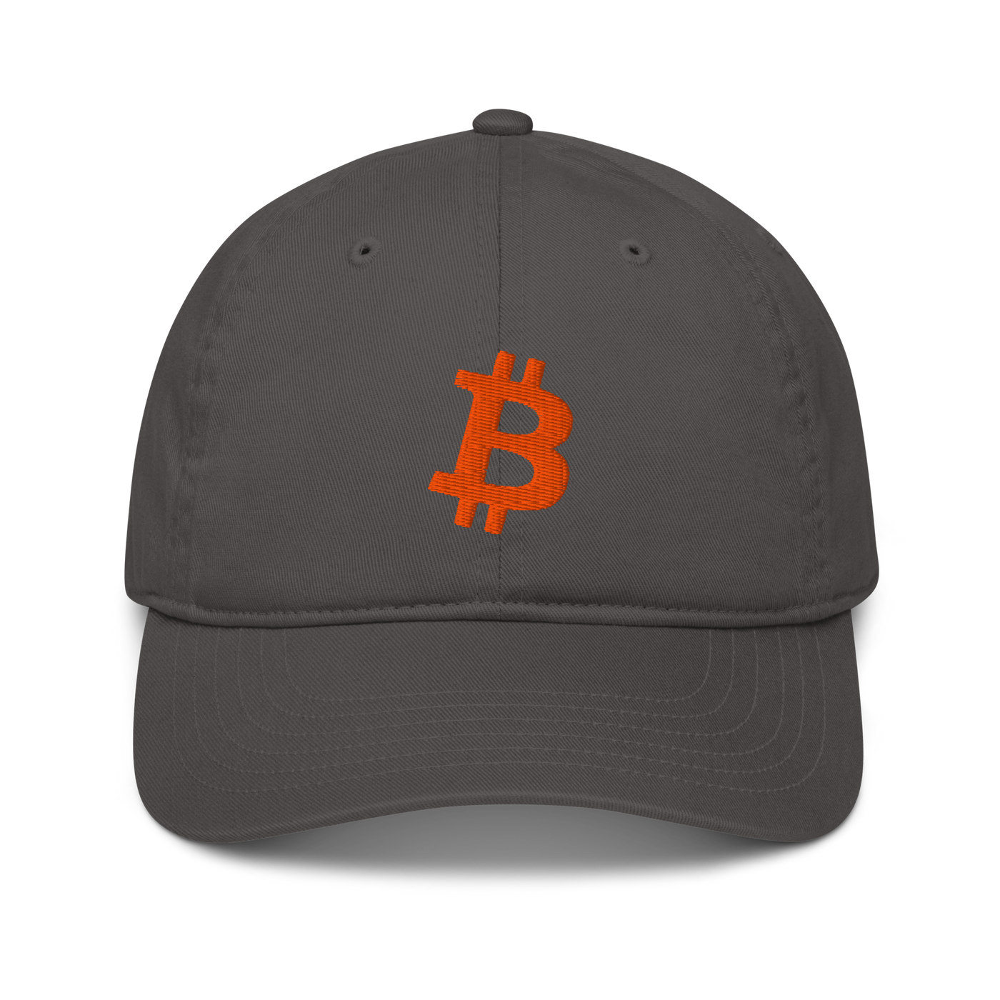 Bitcoin B organic bitcoin dad hat in Charcoal, front view.