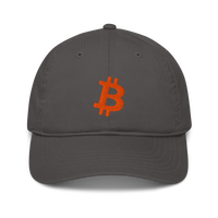 Bitcoin B organic bitcoin dad hat in Charcoal, front view.