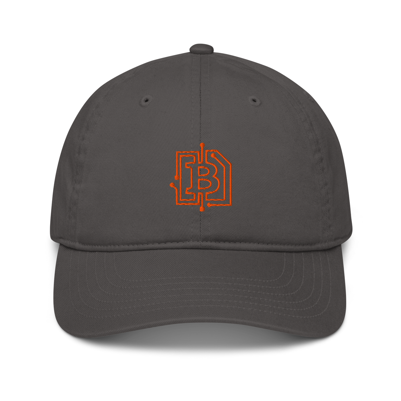 Circuit Board organic bitcoin dad hat in Charcoal, front view.