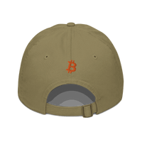 Back view of a jungle colored bitcoin dad hat.