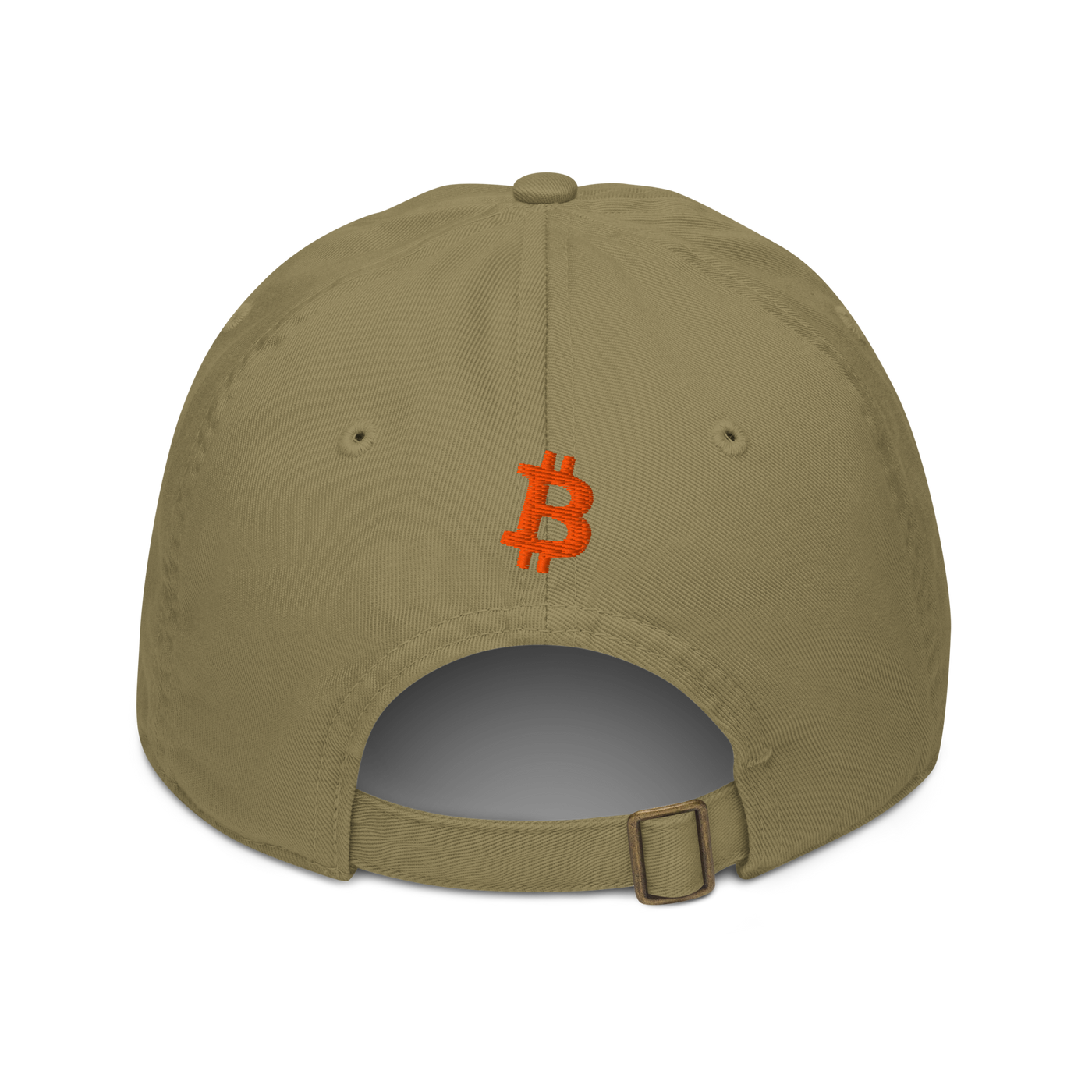 Bitcoin B organic bitcoin dad hat in Jungle, back view.