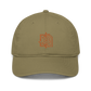 Front view of a jungle colored bitcoin dad hat.