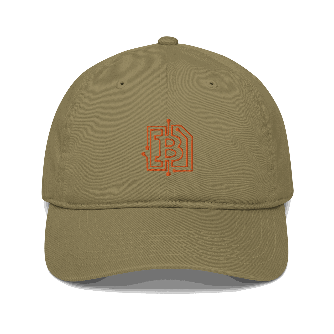 Front view of a jungle colored bitcoin dad hat.