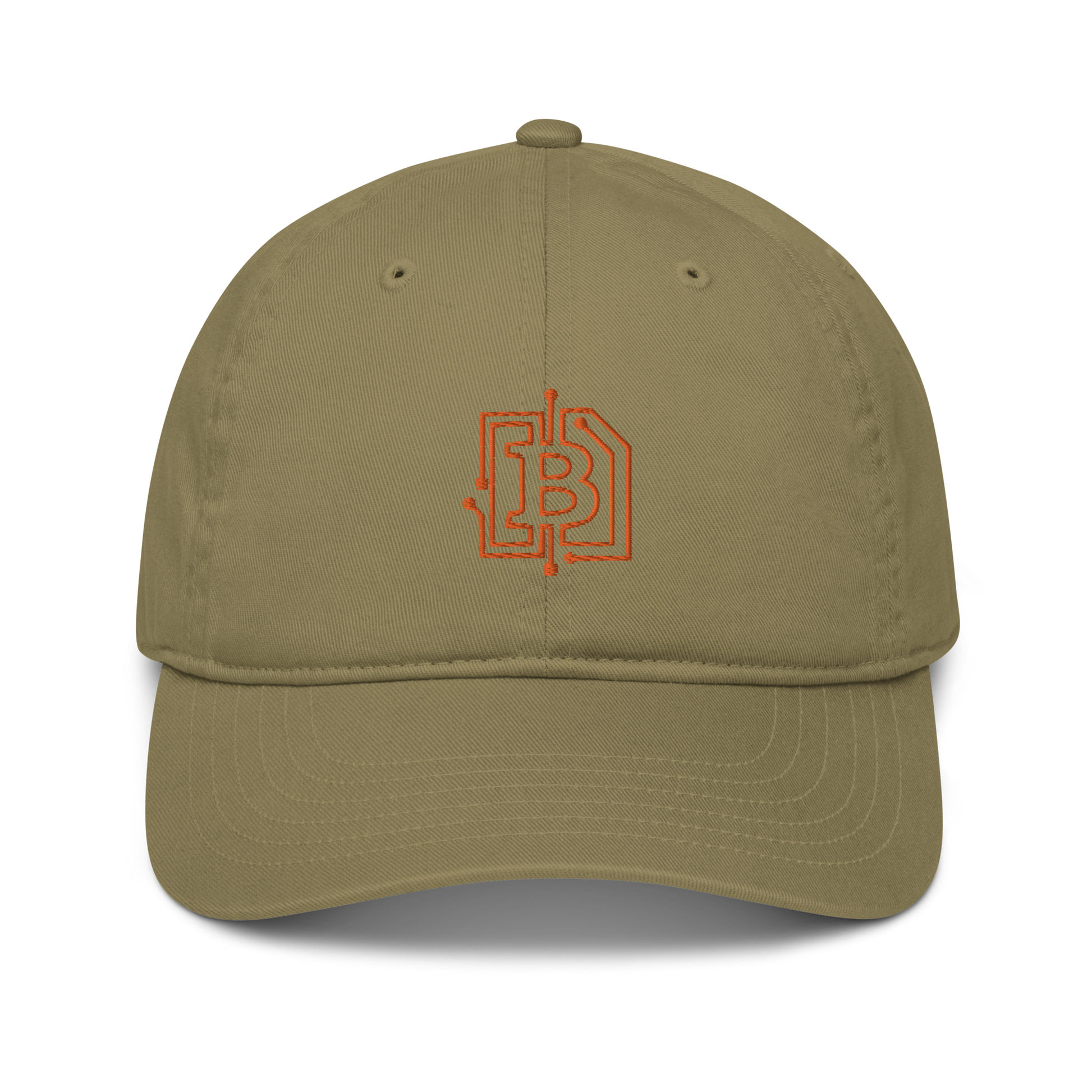 Front view of a jungle colored bitcoin dad hat.