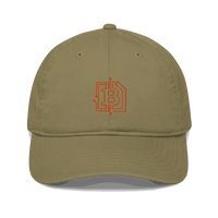 Front view of a jungle colored bitcoin dad hat.