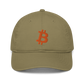 Front view of a jungle colored bitcoin dad hat.