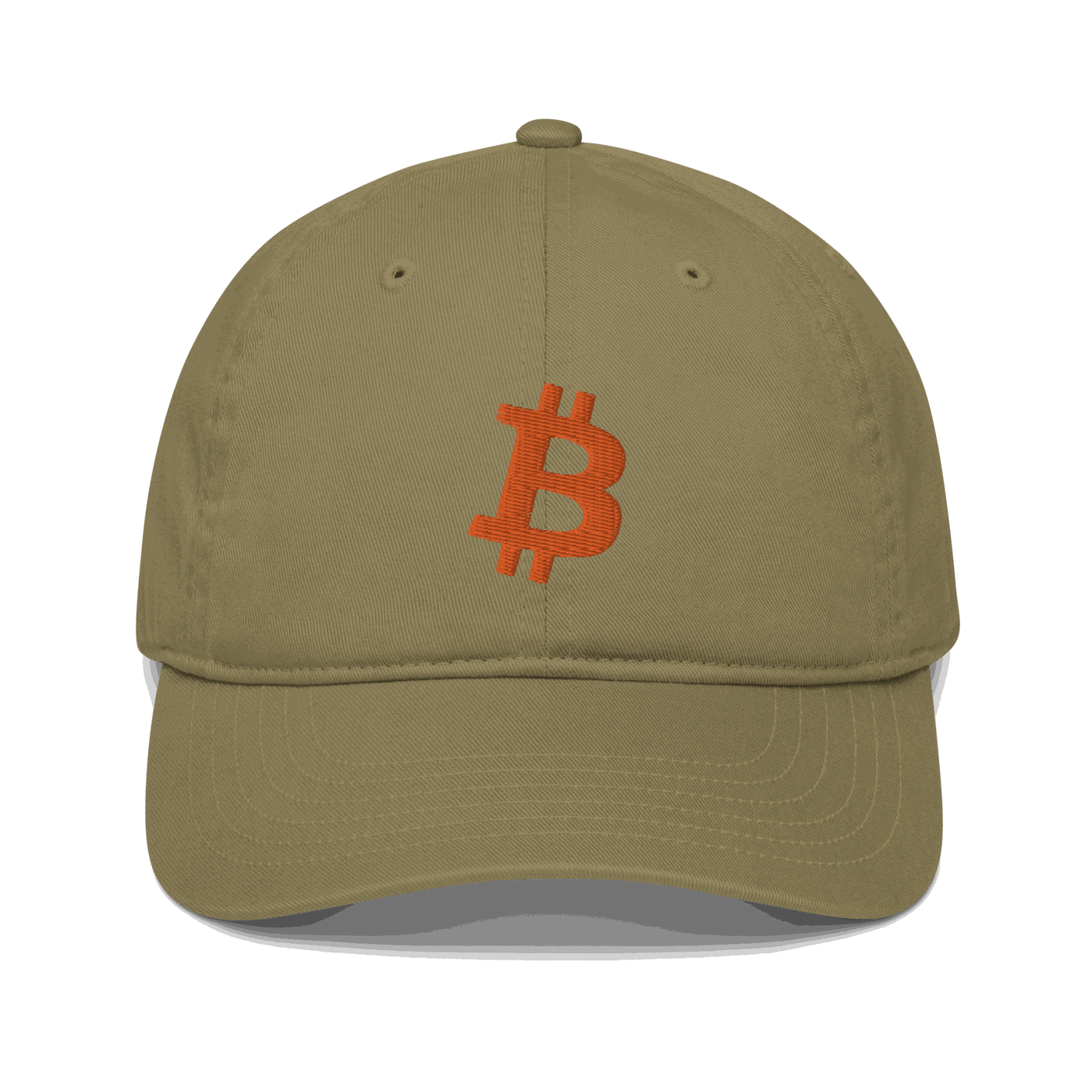 Front view of a jungle colored bitcoin dad hat.
